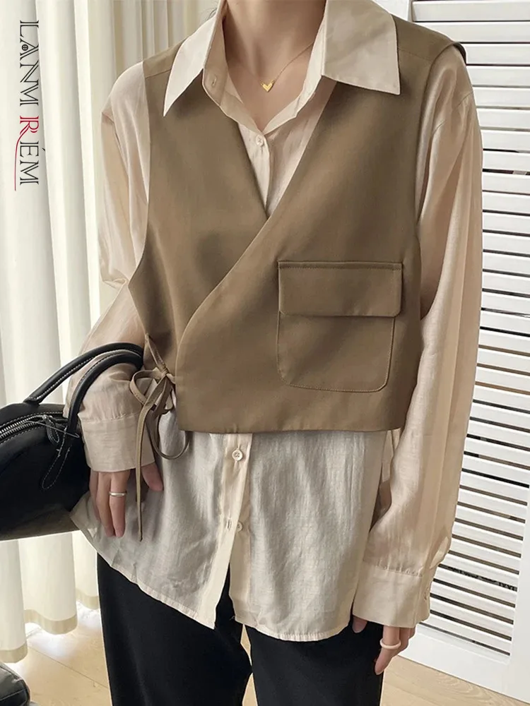 LANMREM Fashion 2 Piece Shirt For Women Bandage Contrast Color Patchwork Long Sleeves Tops Casual 2024 Autumn New 2VV217