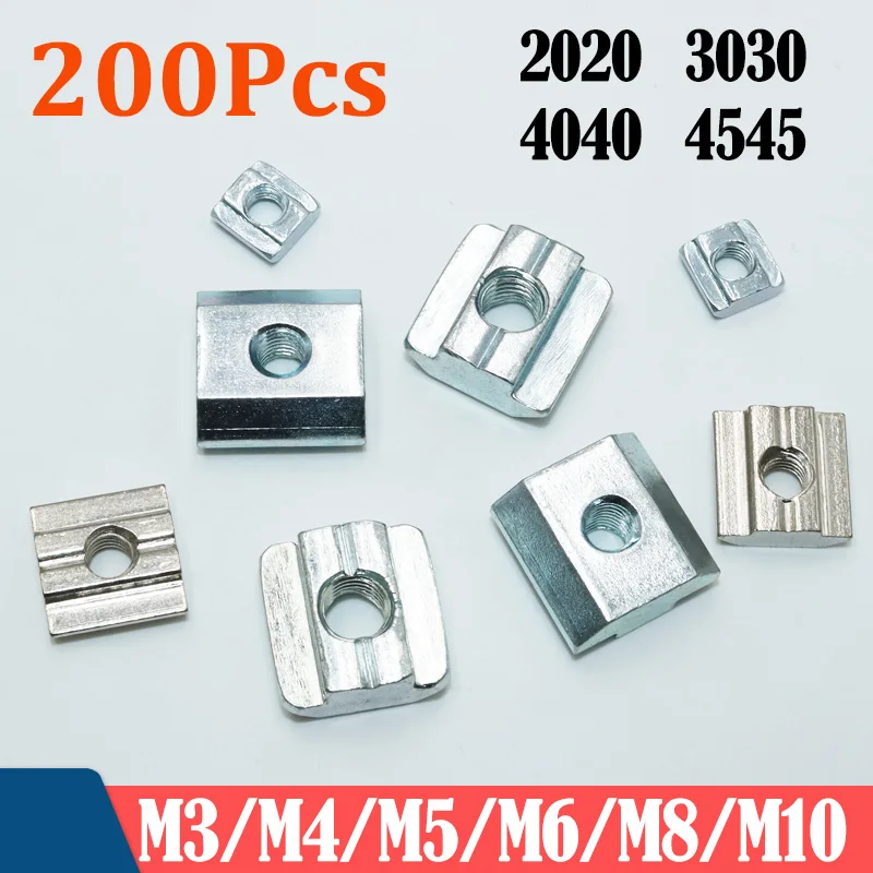 200p/set T Slide Nut M3 M4 M5 M6 M8 Slot Sliding Hammer Nut in 2020 3030 4040 Aluminum Connection Profile T Block Square Nuts