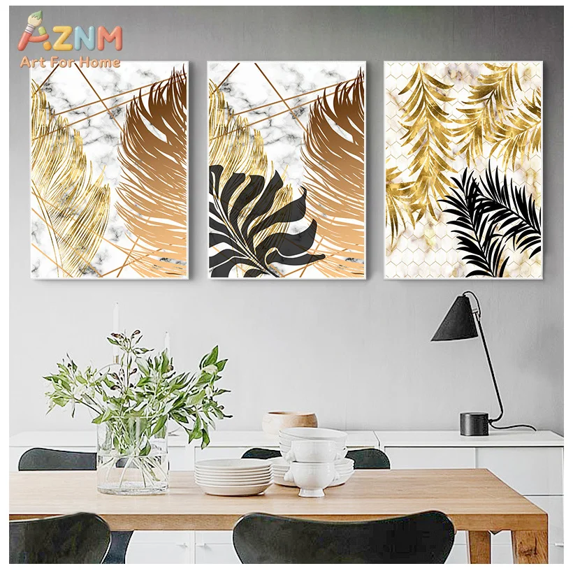 AZNM Marble Texture Golden Palm Leaf Canvas Poster, Frameless Luxe Metallic Tropical Foliage Wall Art For Glam Style Dining Room