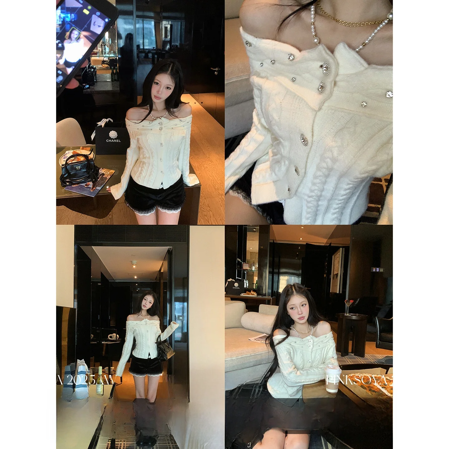 

Pinksoya Sweet Spicy Girl Wheat Color One-oulder Twist Knitwear Outerwear Women's Waist-Cinching oulder-Baring Knitted Op...