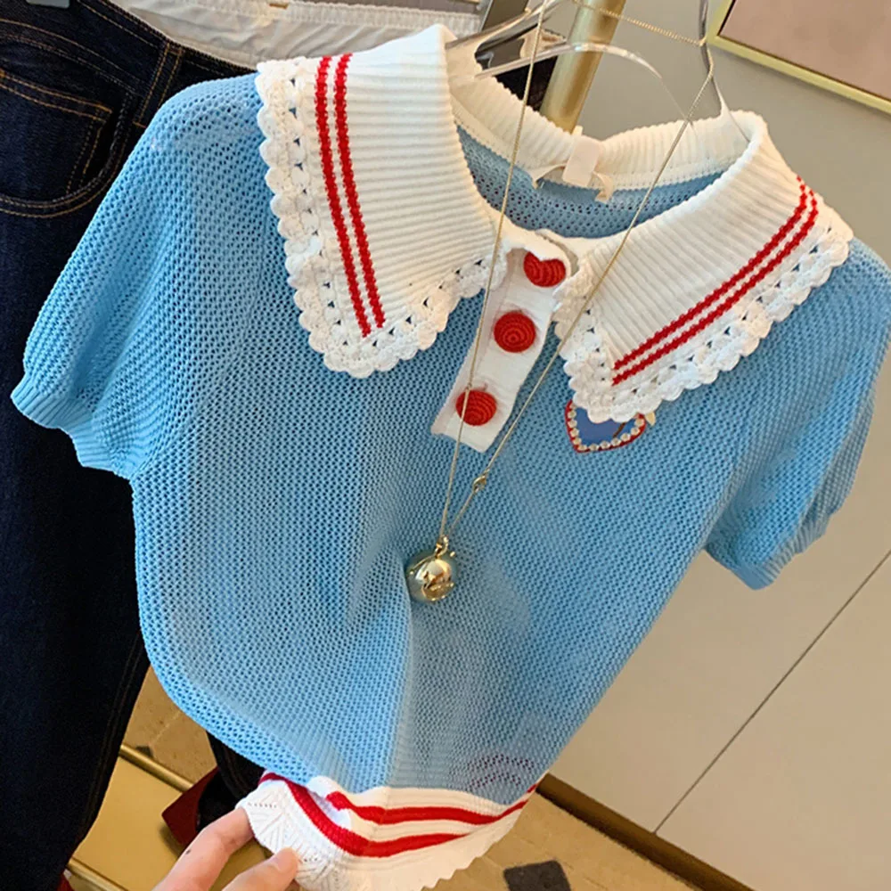 New 2024 Korean Fashion Polo Collar Women Sweaters Vintage Elegant Striped Bottoming Knit Shirt Women Summer Thin Pullovers Tops