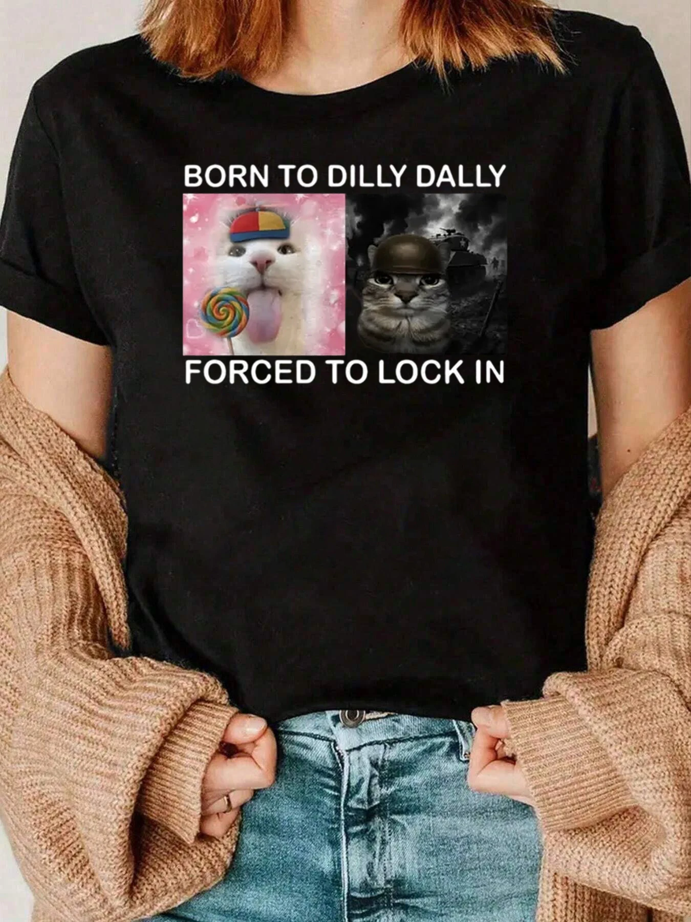 Cat Dilly Dally Lock en camiseta gráfica ropa casual para mujer 220g