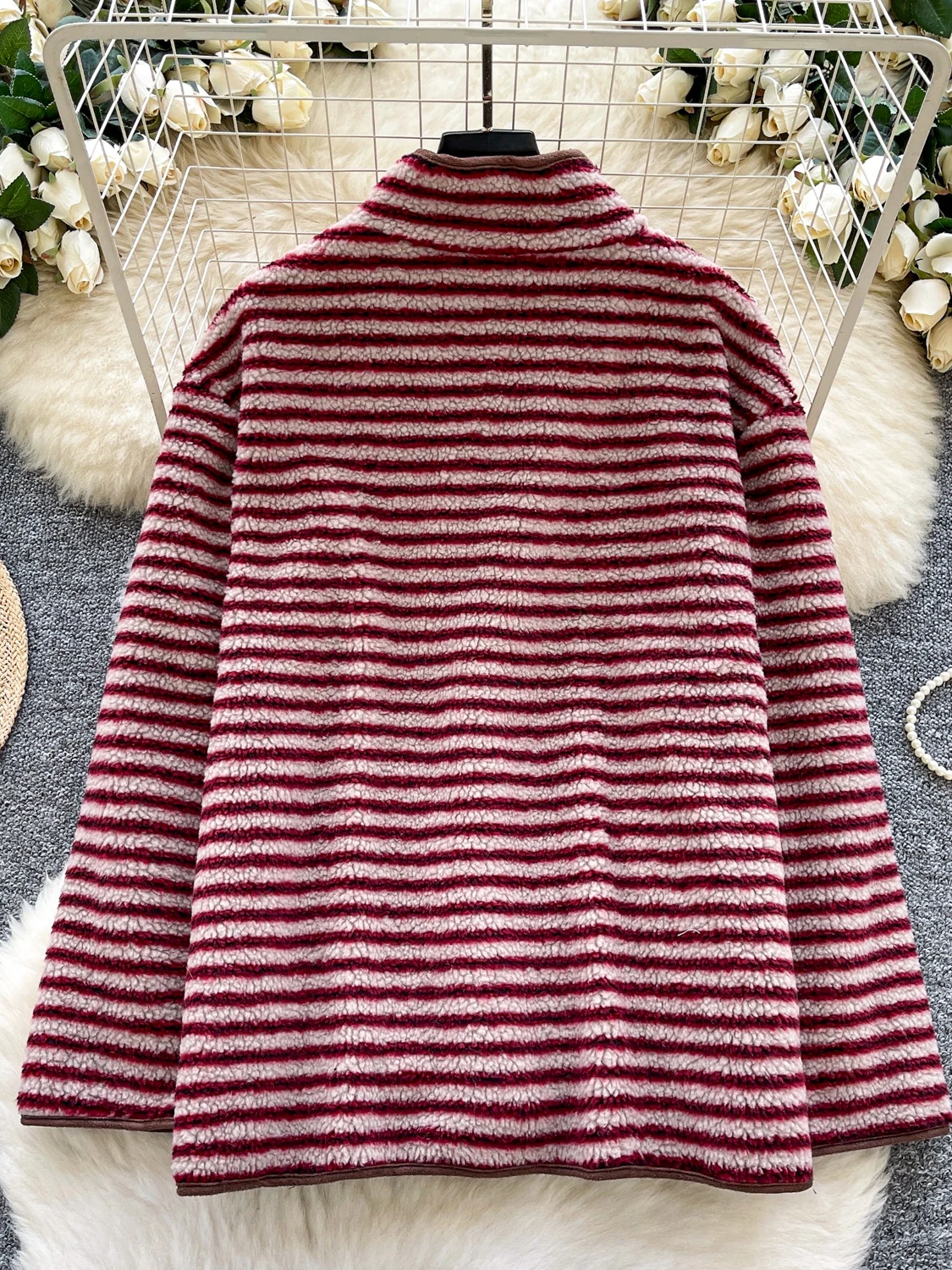 Coreano Sle Thiened Caldo Pelliccia di Agnello Jaet delle Donne Allentato Lavorato a Maglia Patchwork Piccolo ket Top A Righe Faionable Tuta Sportiva