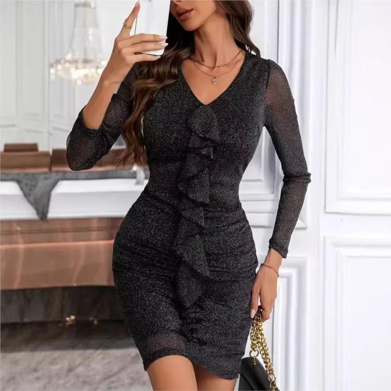 Gorgeous Silver Wire High Elasticity Perspective Bag Hip Dress Fashionable And Elegant Women Black V-neck Long Sleeve Mini Dress