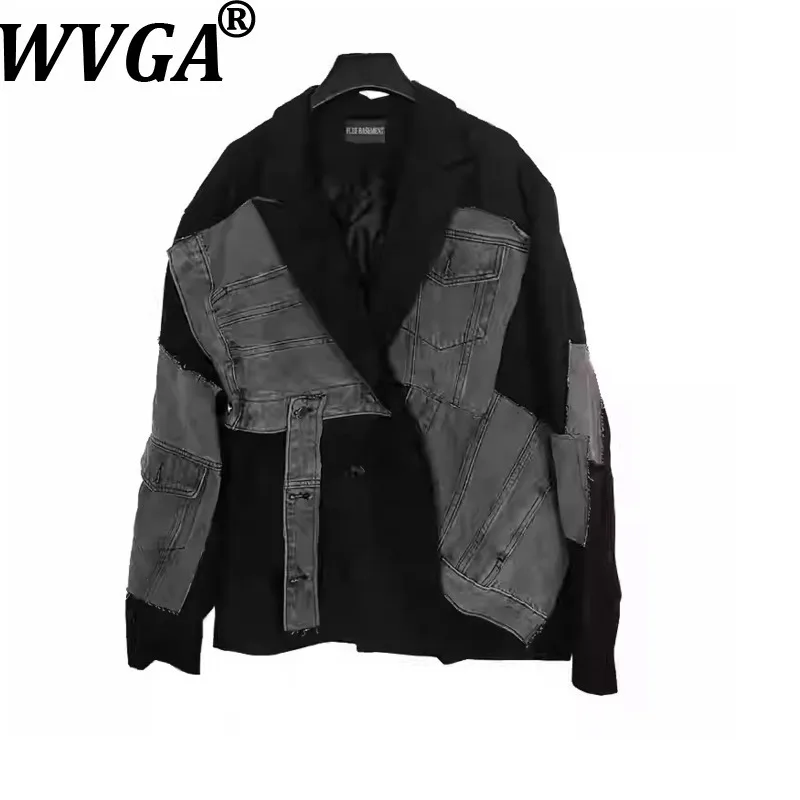

WVGA Autumn Winter New Man Tide Denim Patchwork Trendy Turn-Down Collar Blazer Niche Chic Casual Long Sleeved Jackets Ins W20439