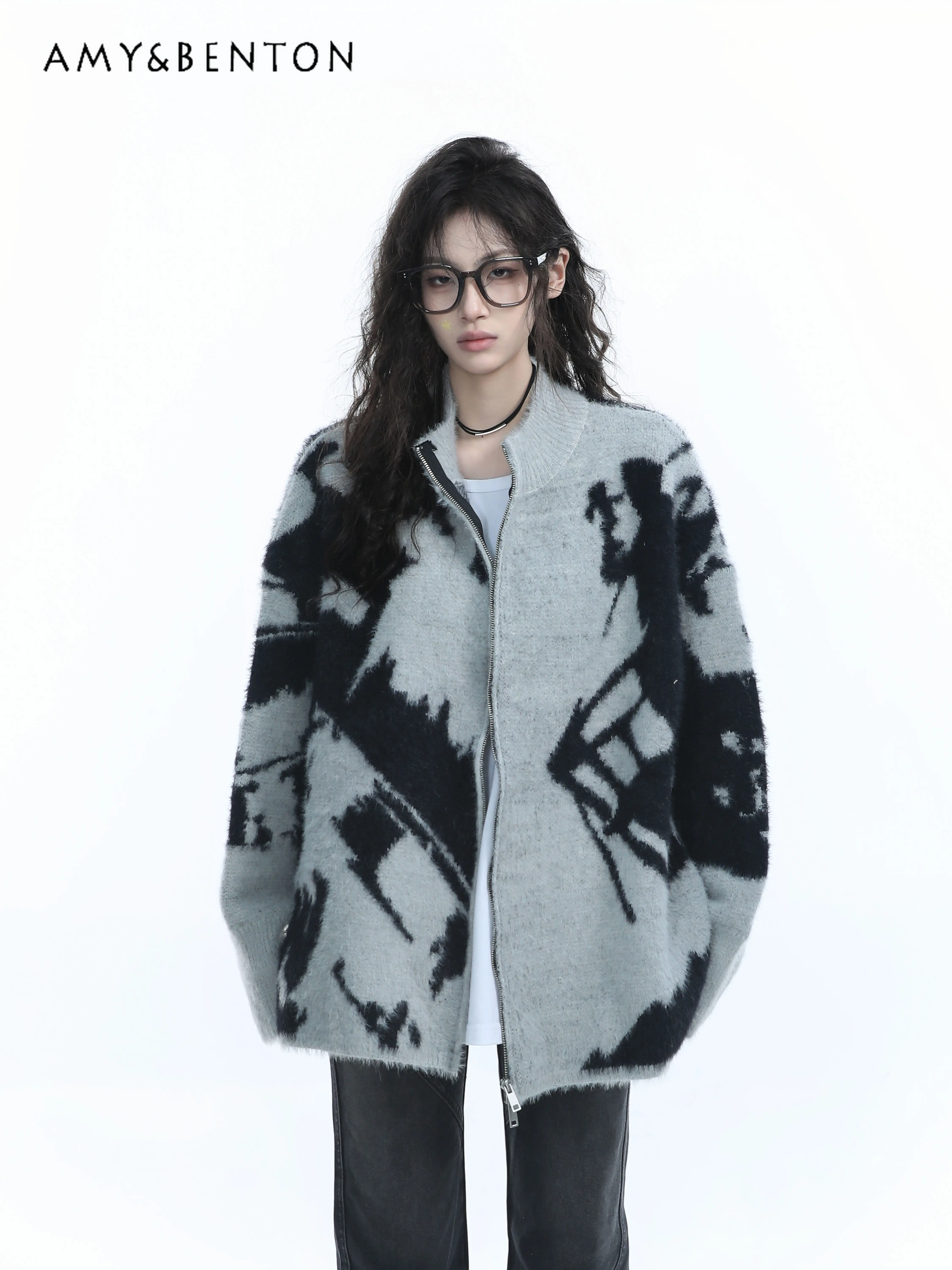 

Spring and Autumn New American Retro Design Women's Jacquard Loose Casual Gray Stand Collar Long Knit Cardigan