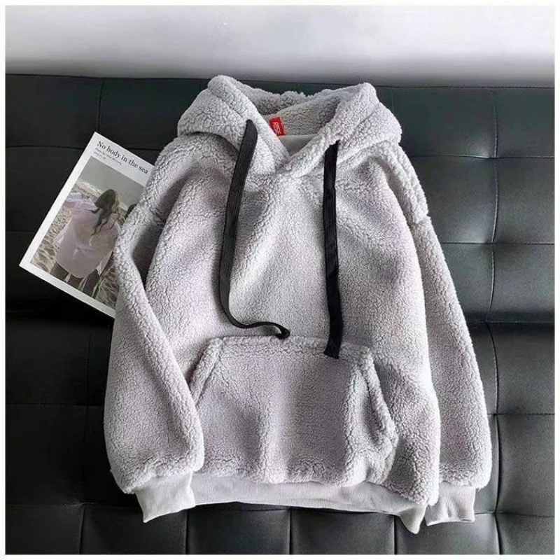 Nueva Sudadera con capucha de piel de cordero de imitación a la moda para mujer, ropa sencilla coreana para parejas, Top holgado con capucha gruesa Unisex 2026