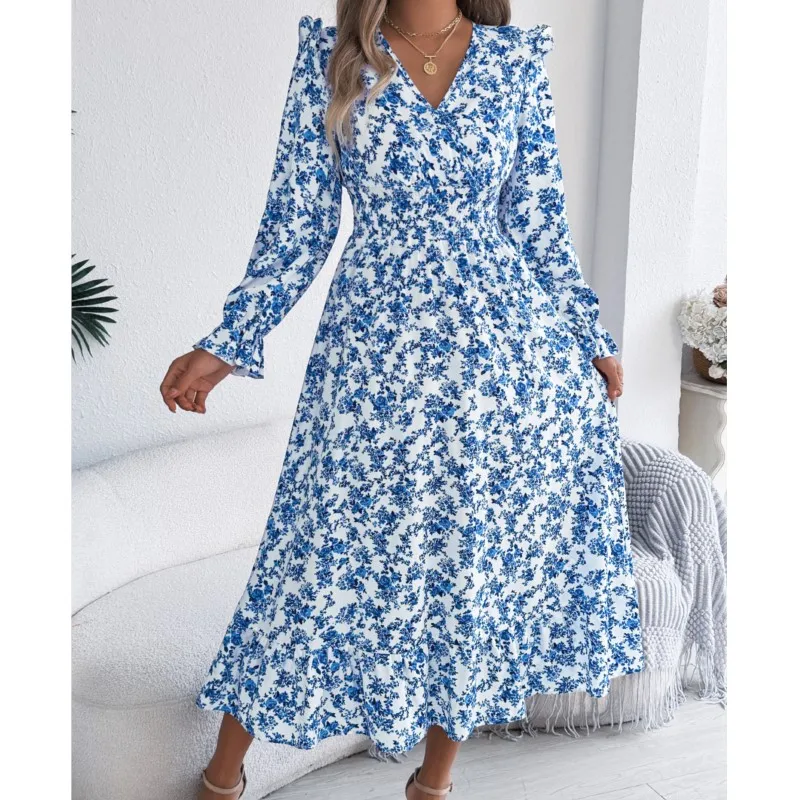

Women's Dress Autumn Long Sleeve Flower Print V-neck High Waist Ankle Length Skirt Flounced Edge Elegance Beach Female Vestidos