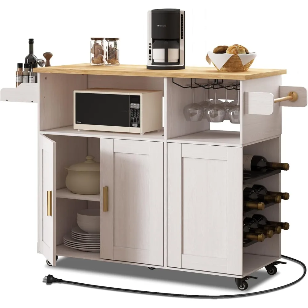 Rolling Mobile Kitchen Island Cart Bar, Island Table Storage with 5 Wheels, Rolling Kitchen Cabinet with Power Socket and Towel