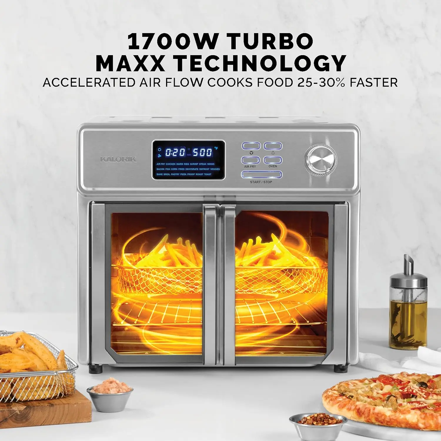 10-in-1 26-Quart Countertop Air Fryer Toaster Oven Combo - 1700W Stainless Steel with Large Glass French Doors, 9 Accessories, F