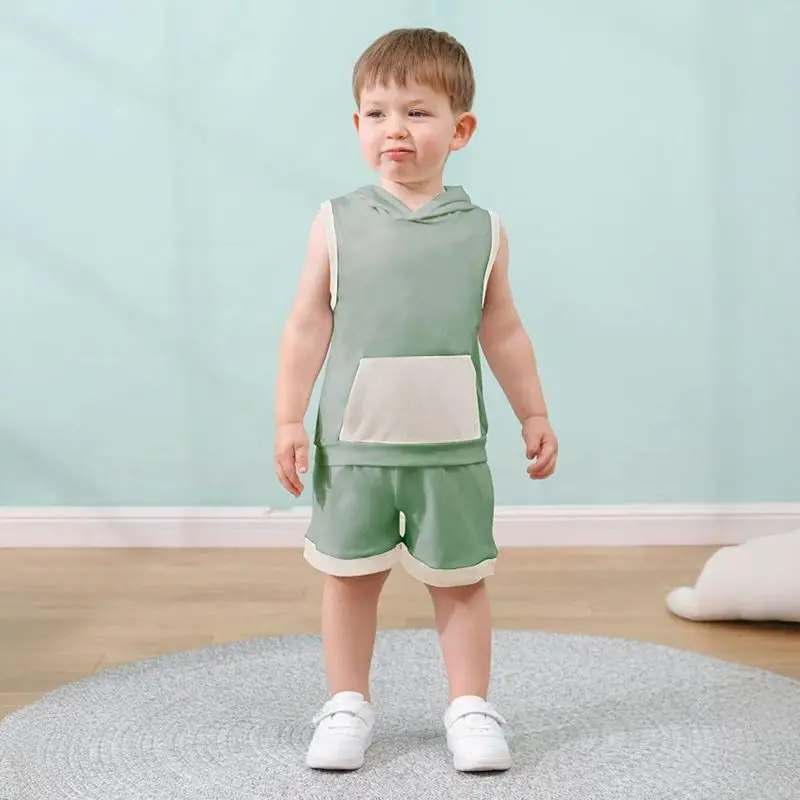 شورت صيفي للأولاد من عمر 1 إلى 4 سنوات مع سترة بغطاء للرأس للأطفال مكون من قطعتين #2