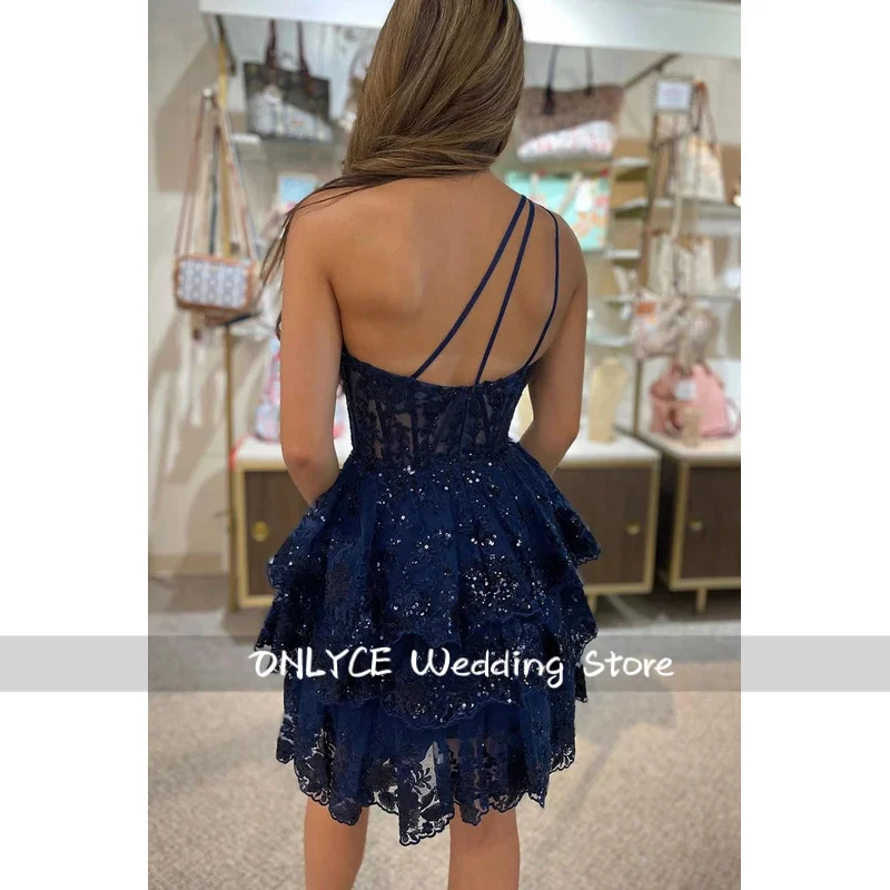 Gorgeous Homecoming Dress Prom Formal Occasions A Line One Shoulder Backless Sleeveless Short Fishbone Shaping With Lace