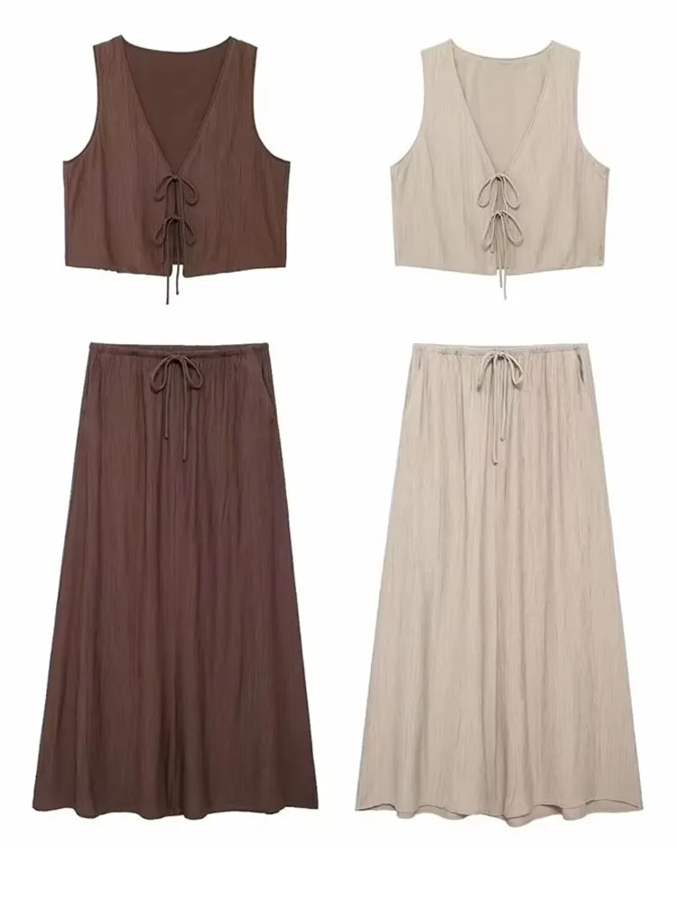 2024 Summer Women Brown V-Neck Sleeveless Lace Up Cardigan Slim Vest+ A Line Casual Loose Skirt 2 Pieces Set For Holiday