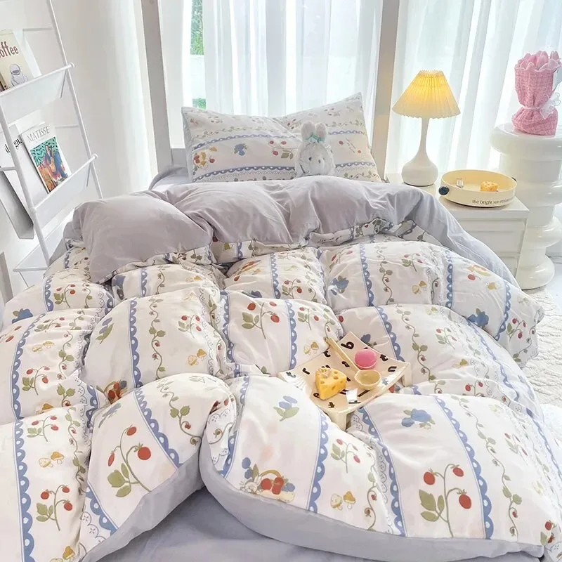 Single Duvet Cover Only, Double-Layer Yarn Washed Cotton Quilt Cover, Soft Breathable Cherry Print Bedding, No Filling