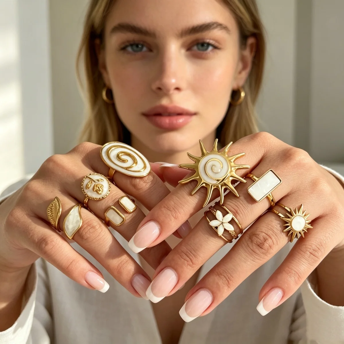 Edelstahl-Emaille-Spiral-Geometrie-Fingerringe für Damen und Herren, Vintage Französische Sonnen-Blatt-Blumen-Ringe, Modeschmuck für Partys. – Detail 5