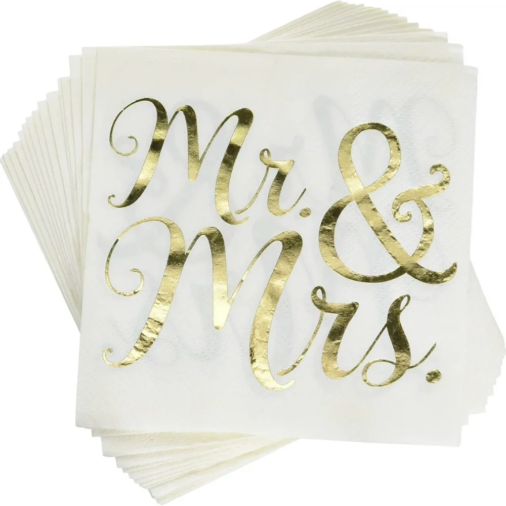 

Custom Personalized Wedding Paper Cocktail Napkins Serviettes Mr & Mrs Gold Party Table Decorations