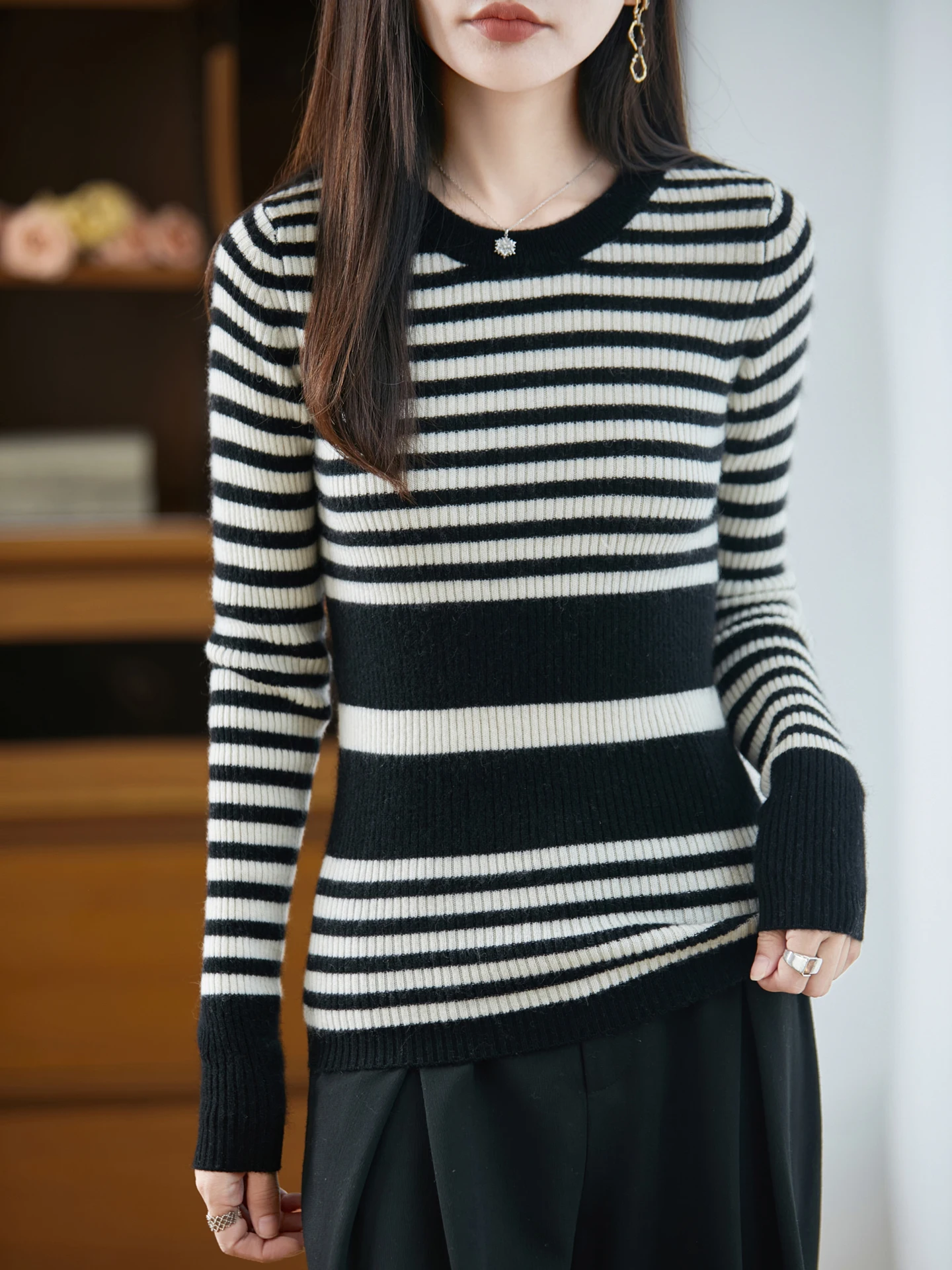 

Осенне-зимний шерстяной тонкий свитер, женский полосатый пуловер с круглым вырезом, базовый трикотаж с длинными рукавами из 100% мериносовой шерсти, теплая одежда, топы