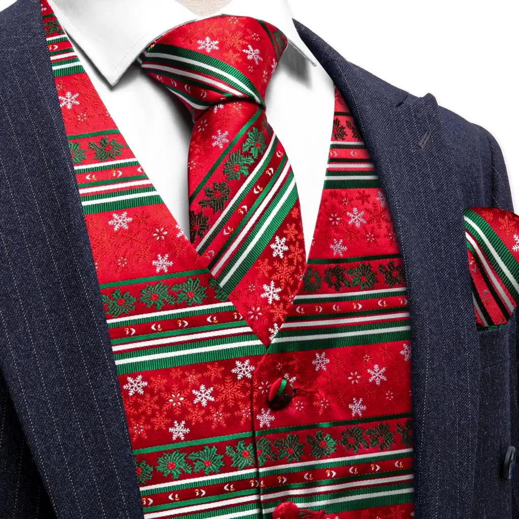 Designer Christmas Festival Vest for Men Silk Red White Green Snowflake Star Waistcoat Tie Bowtie Set Happy Party Barry Wang