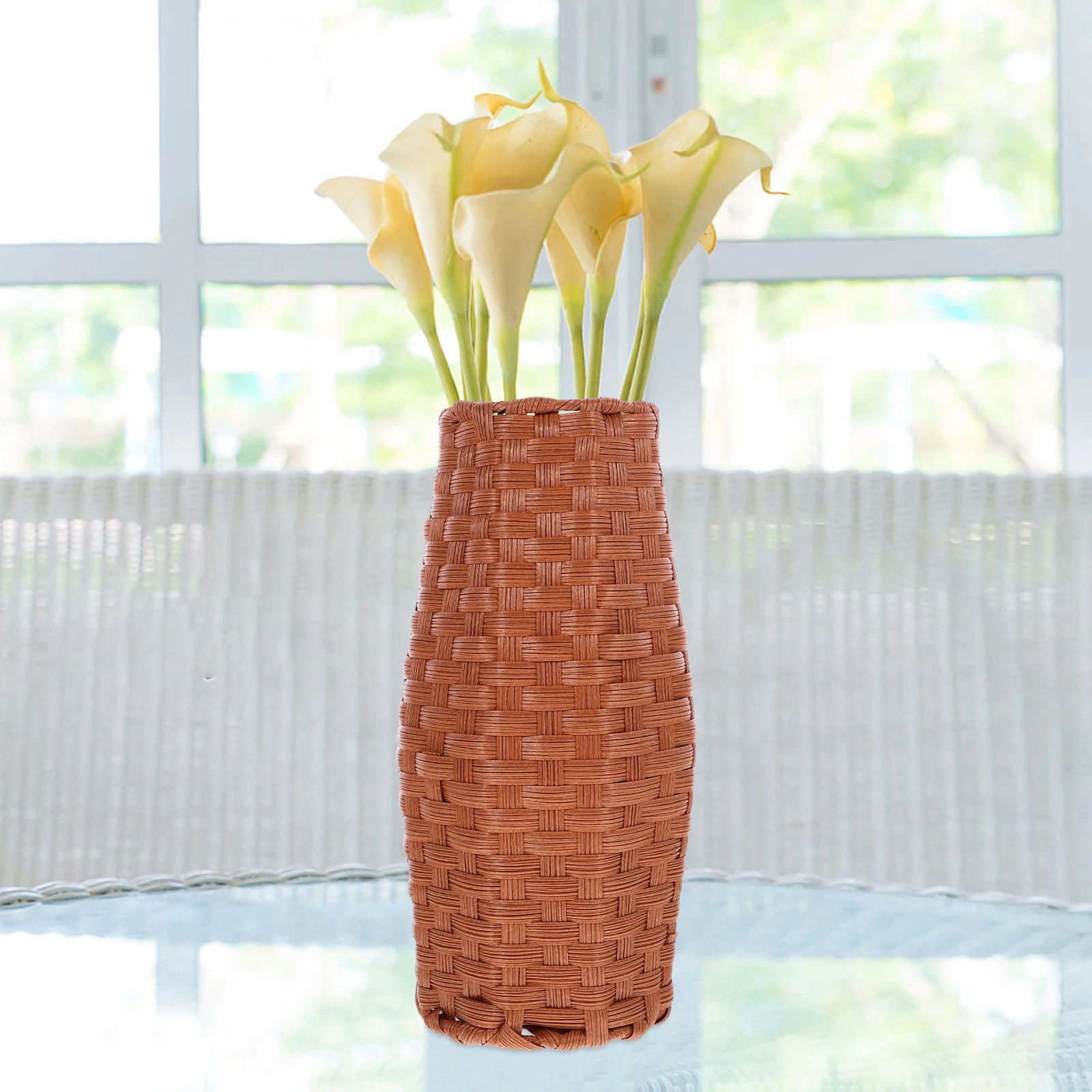 

Artificial Dried Flowers Vase Decorative Woven Plastic Basket Simple Rustic Imitation Rattan Tall Flower Holder Home Office