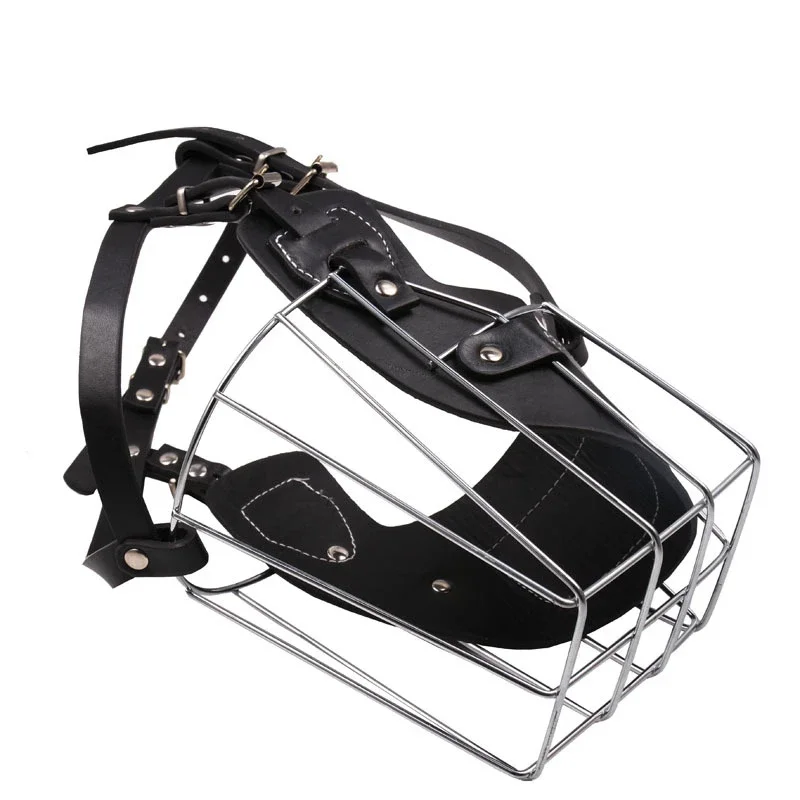 Pet Dog Adjustable Anti-Bite Metal Muzzle Mouth Cover Breathable Leather Metal Basket German Shepherd Pet Muzzle Large Dog Mask