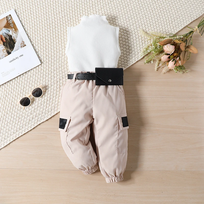 Summer Kids Girls Clothes Sets Sleeveless Halter Ribbed Vest + Cargo Pants Belt 2Pcs Suits Casual Outfits Children Clothing 0-5Y