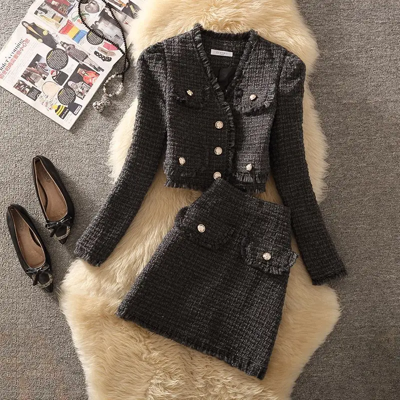 

Women Winter Jacquard Tassel Elegant Suit Jacke Coat Top And Skirt Two Piece Set Matching Outfit Female Y2K Fashion Clothing