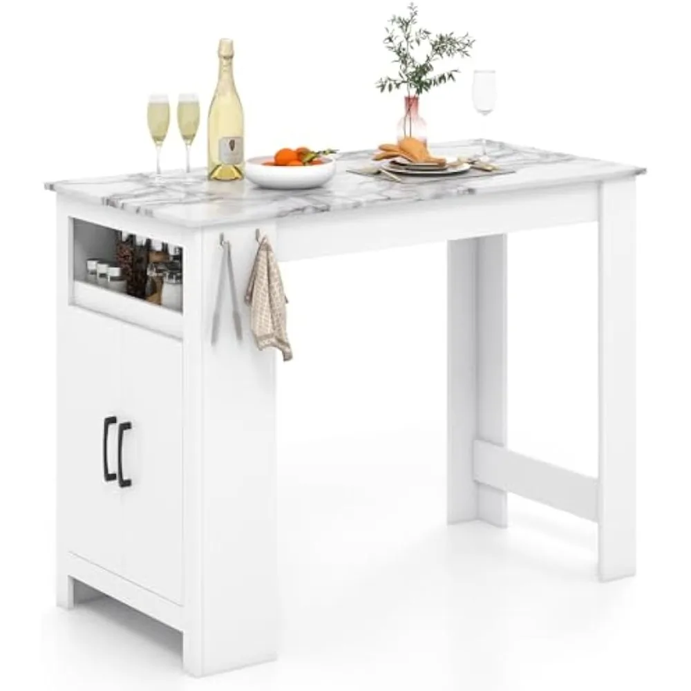 

Bar Table, 47” Counter Height Dining Table with 7 Hanging Hooks, Compartment, Cabinet & Adjustable Shelf, Bar Table