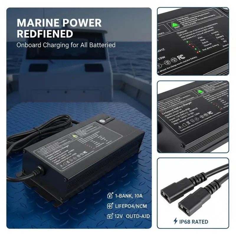 Marine Battery Maintainer 1-Bank 10A 12V Onboard Charging Unit For Large Boat Yacht RV Lithium-Ion LiFePO4 NCM Lead-Acid Compatibility Smart Pulse Tech Automatic Power Management Compact Design Aluminum Housing Multiple Battery Types Support AC 100-2 view 2