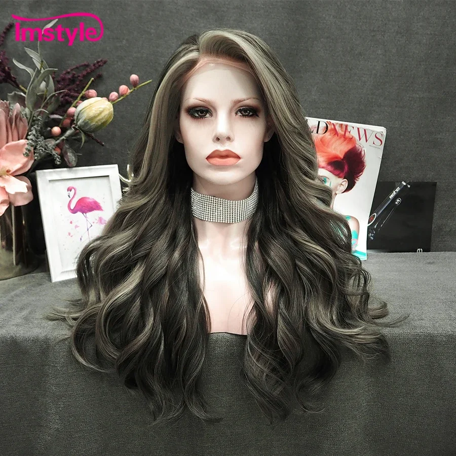 Imsyle Dark Brown Synthtic Lace Front Wig Highlight Blonde Long Wavy Wigs For Women Heat Resistnt Fiber Cosplay Daily Wig