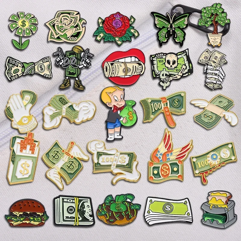 Broches créatives en émail, série de billets de banque, argent, fleur, squelette, broche d'argent, Badge à revers, bijoux cadeau pour amis