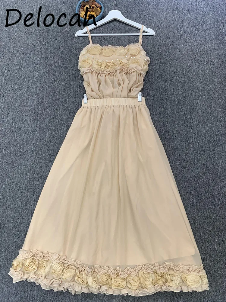 Delocah High Quality Deginer Golden Rose Pearl Inlaid Decoration Elegant Comfortable A-line Dress Set Suit With Elastic Waist