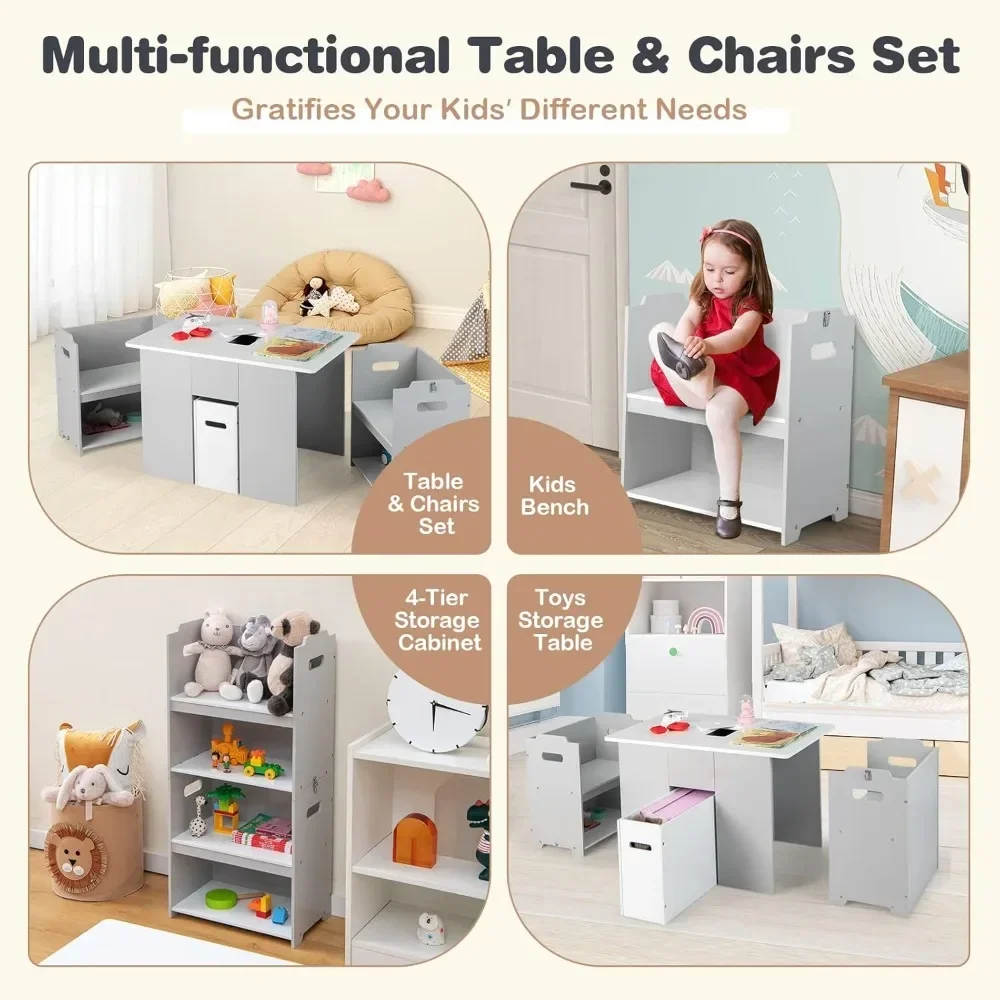 Kids Table and Chair Set, Convertible Toddler Table & 2 Bench Set & 4-Tier Toy Storage Organizer Bookshelf