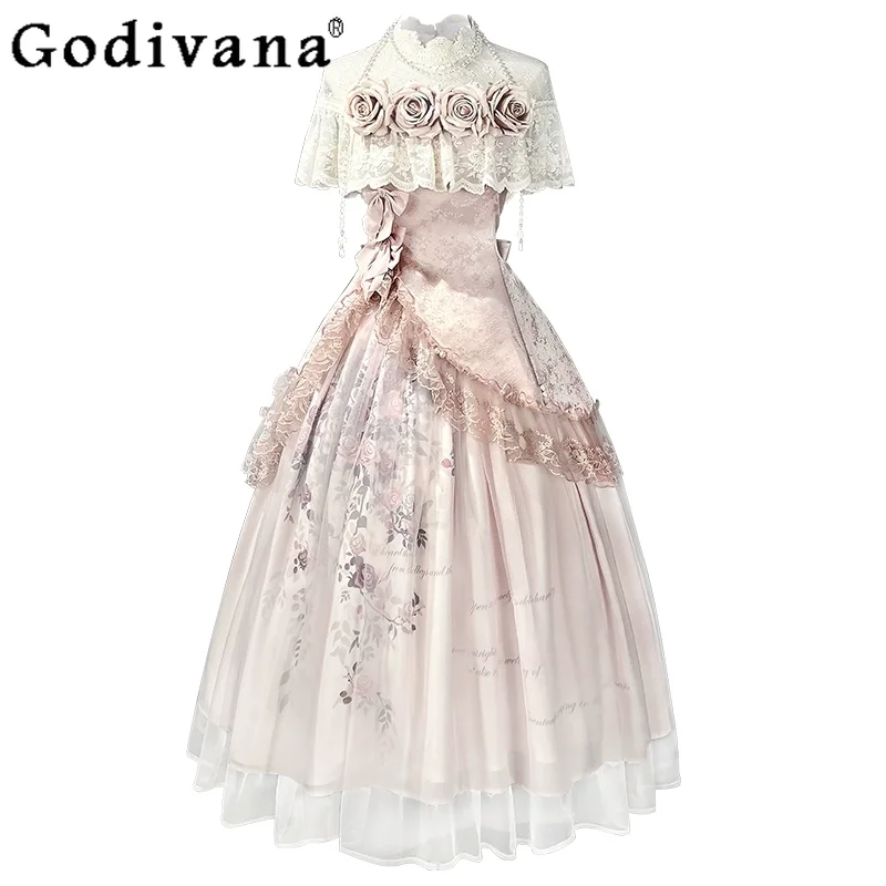 

French Elegant Cla Princess Tea Party Dress Autumn Women's Slim Fit Elegant Retro Long Dress Lace Cape Sleeve Dress Skirt Set