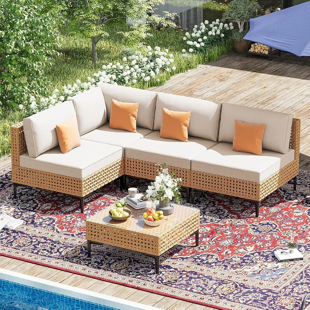 5-teiliges Terrassenmöbel-Set für den Außenbereich, freie Kombination, Outdoor-Couch mit dickem Kissen, wetterfestes Terrassenmöbel aus Korbgeflecht
