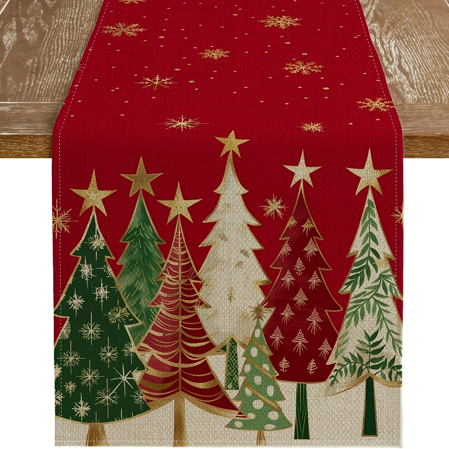 Weihnachts-Tischläufer, rechteckige, festliche Tischdekoration, rote Weihnachtsbäume und Schneeflocken-Design für die Feiertagstischdecke