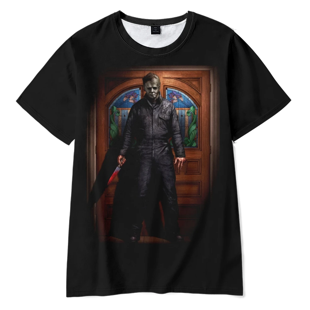 Camiseta negra de manga corta con cuello redondo para hombre y mujer, ropa de calle Harajuku de película con extremos de Halloween, moda Unisex