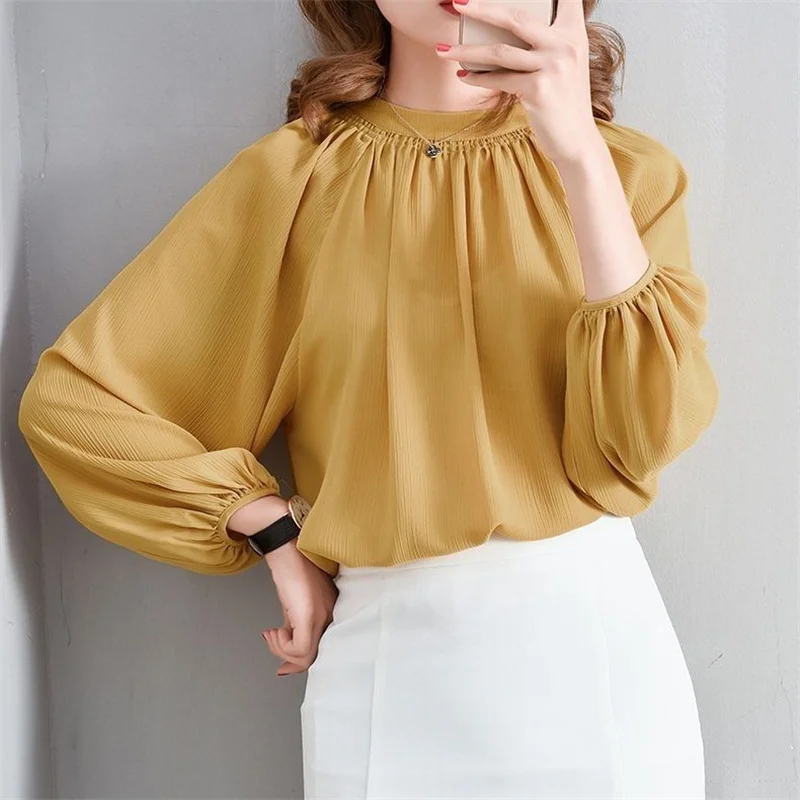 3XL Loose Women Spring Autumn Blouses Shirts Lady Fashion Casual Long Sleeve O-Neck Collar Yellow Clothing Blusas Tops G2564