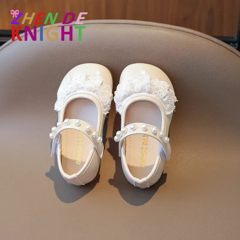 

Весна и осень 2024, женские и детские туфли принцессы с кружевной кромкой и мягкой подошвой, детская кожаная обувь, детские туфли с жемчугом