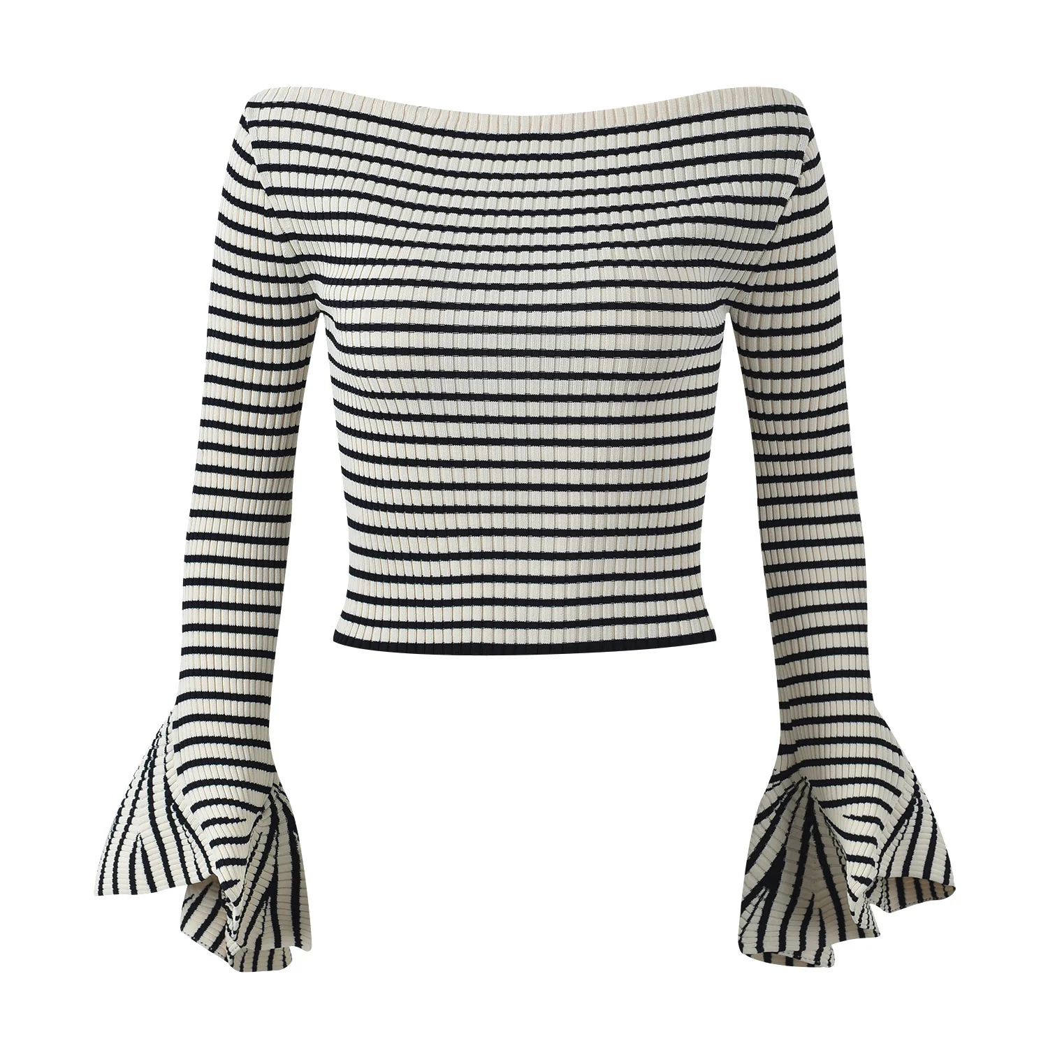 เสื้อถักไหมพรมสไตล์ยุโรประดับไฮเอนด์ ดีไซน์เปิดไหล่ข้างเดียว ลายทางสีขาวดำ แขนทรงกระดิ่ง ช่วงเอวไม่สมมาตร สำหรับผู้หญิง...