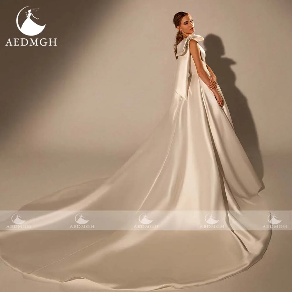 Aedmgh A-Line Matte Satin Chic Wedding Dresses 2024 Bow One Shoulder Robe De Mariee Backless Court Train Simple Vestido De Novia