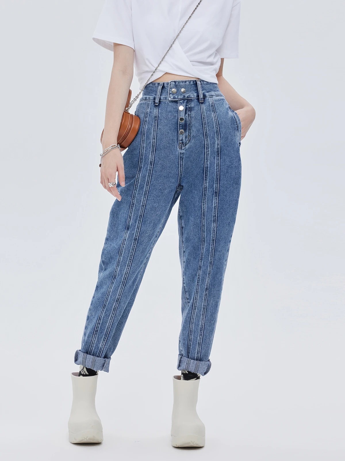 

Свободные джинсы-шаровары с пуговицами и вставками, синие, винтажные, с высокой талией, с отворотами, модные, в стиле INS, женские повседневные джинсы с высокой талией