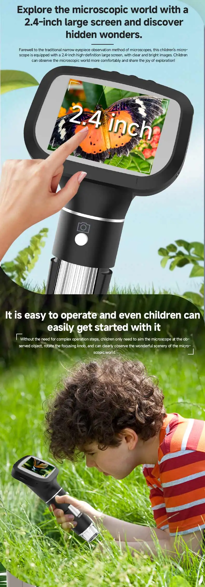 Dodosee 2.4 Inch Digital Microscope 1600X 1080P 8 Lights Handheld Kids Microscopes Supports Photo Video Magnifier Tools for Coin