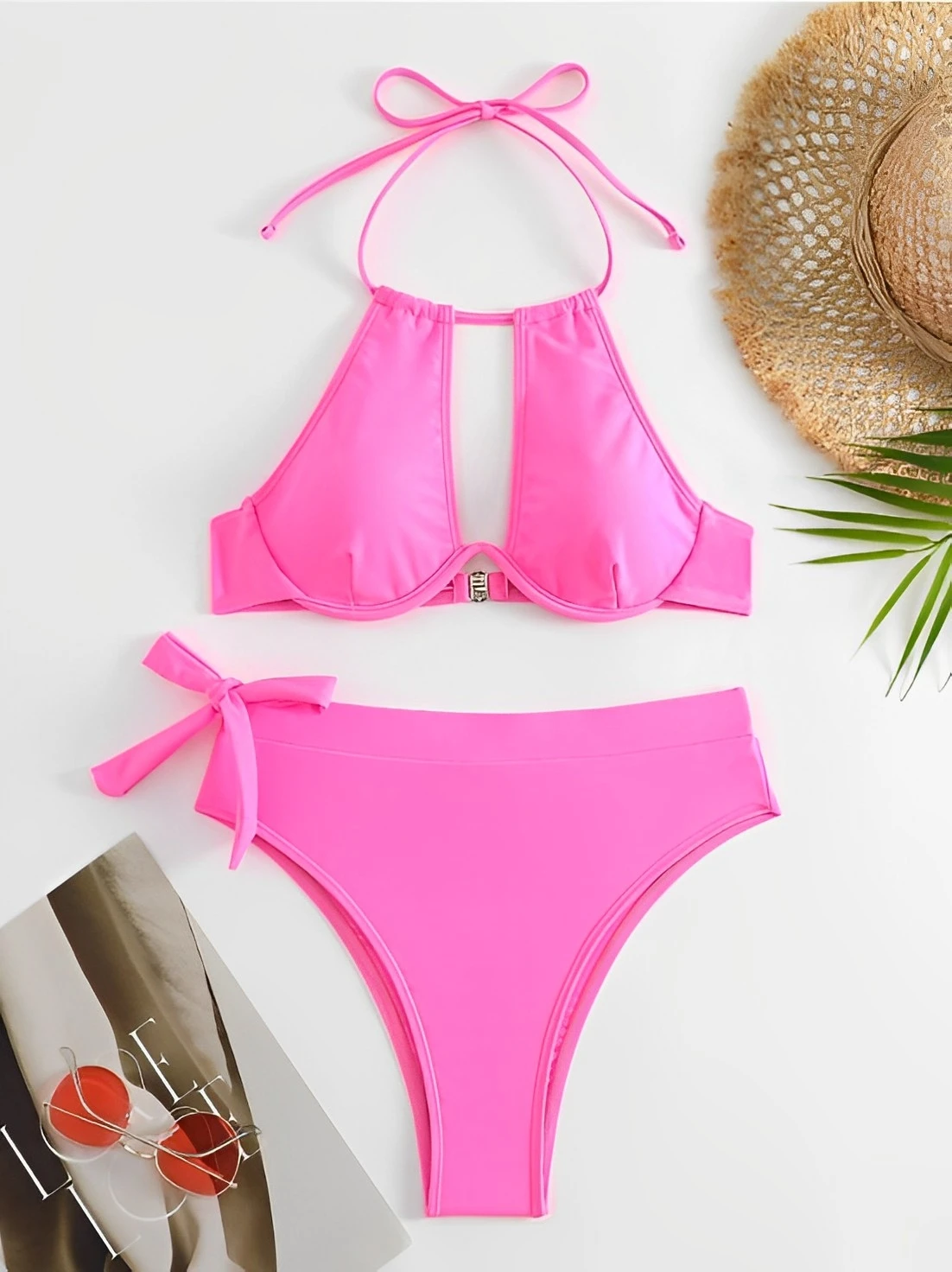 2024 Cut-out Push Up Bikini Solid Halter Swimsuit Women High Waist Swimwear Female Bathers Bathing Swimming Swim Suit Beachwear