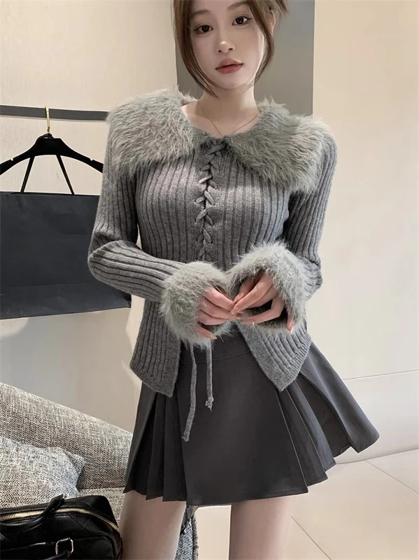 KUSAHIKI Gray Fur Turn-down Collar Drawstring Lace Up Knitwear Tops Women Autumn New Slim Sweater Korean Bottoming Tops