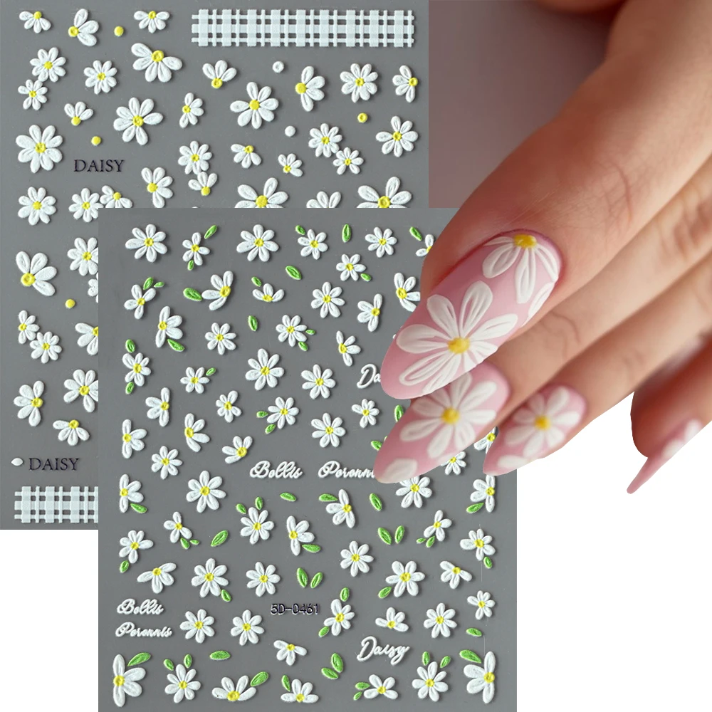 1 stks 5D Reliëf Witte Daisy Nail Art Stickers Bloemblaadjes Bloesem Bloem Zelfklevende Nail Decals Lente Zomer Manicure Decoratie
