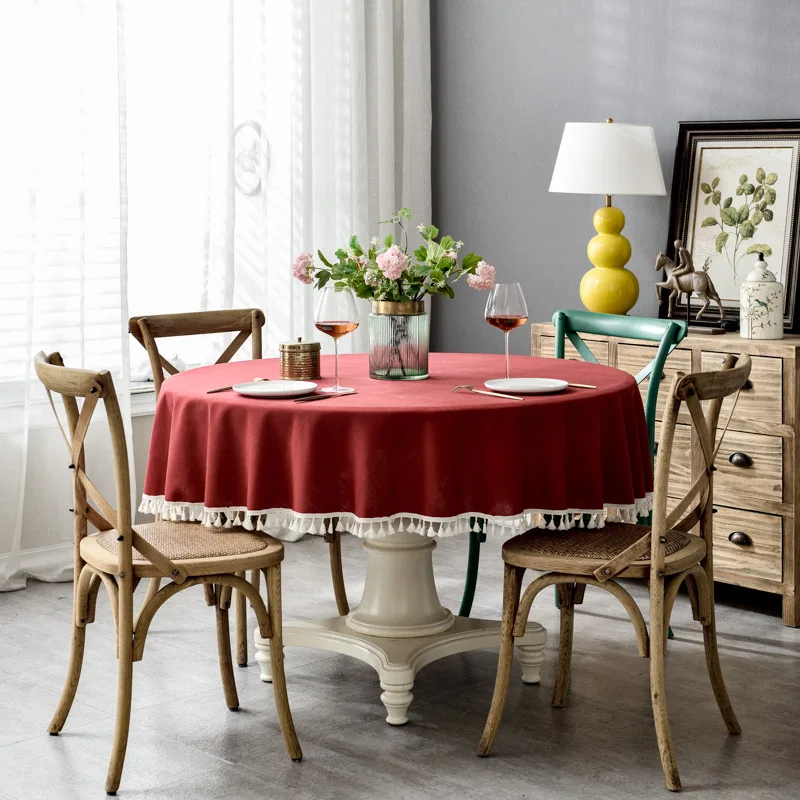 Modern Simple Solid Color Round Tablecloth Household Dustproof Oil-proof Dining Table Cloth Festival Decor Tassel Table Cloth
