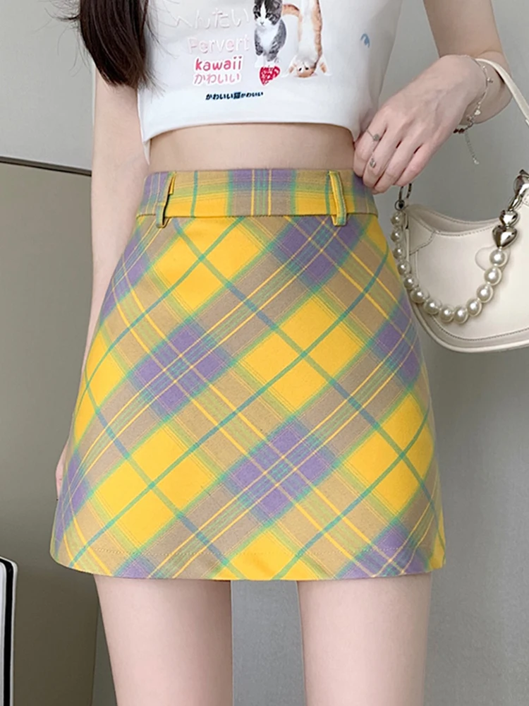 2024 Fashion New Design High Waist Color-Contrast Check Exposure-Proof Skirt Women's All-Match Small Skirt