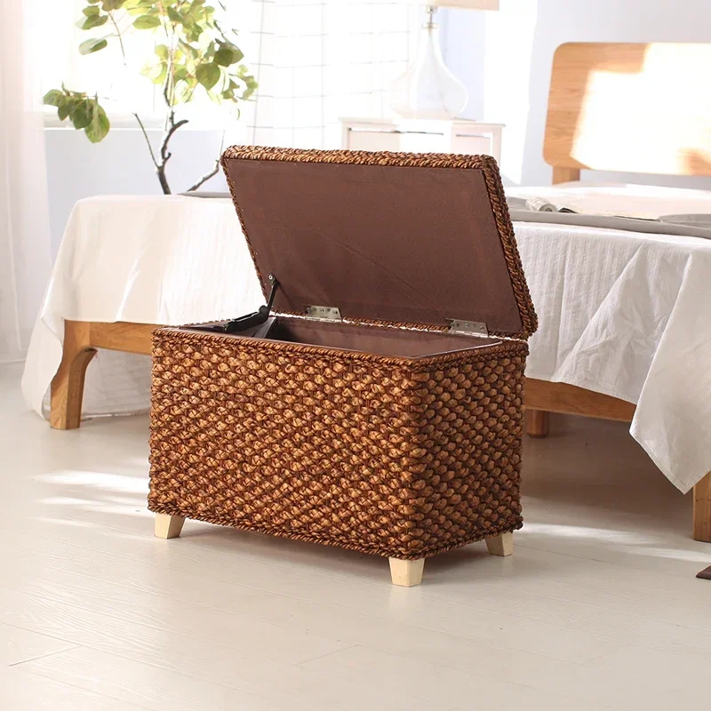 Nordic Rattan Woven Foot Stool Natural Material Hallway Bench with Storage Modern Clamshell Design Stylish Home Furniture