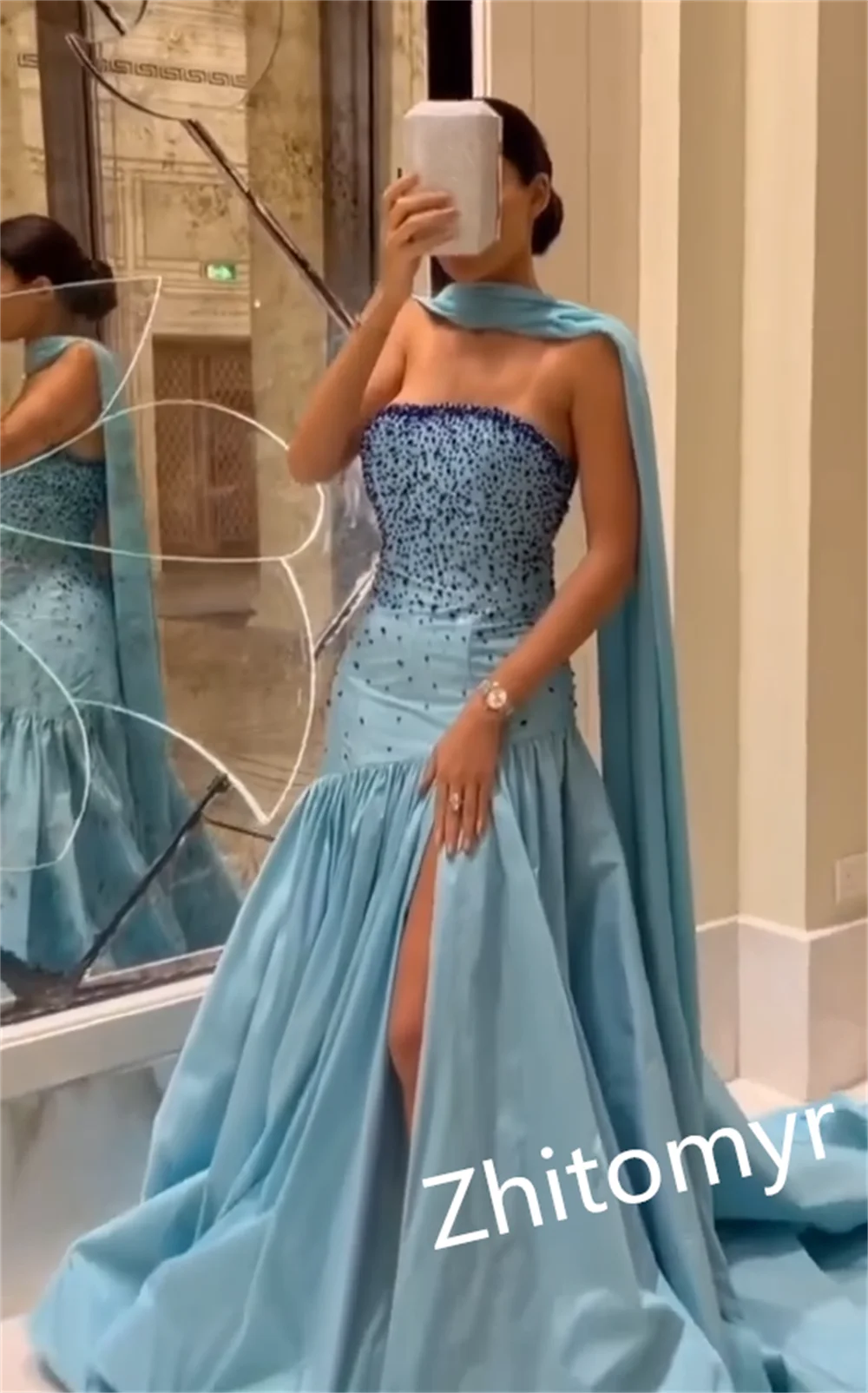 Exquisite Customized Strapless A-line Sweep/Brush Prom Dresses Paillette / Sequins Beading Satin Evening luxury dress