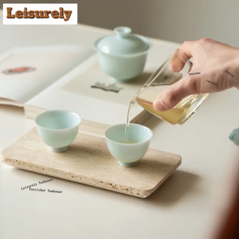 HOYIHM Misty Blue Porcelain Travel Tea Set Kit Luxury 1 Pot 4 Cups Household Tea Making Organizer Portable Outdoor Tote Bag Gift